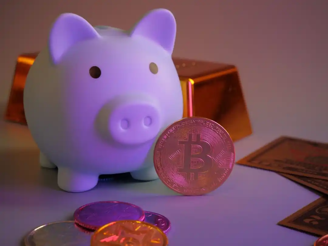 一個粉紅色的豬公撲滿旁邊放著比特幣和金條。
