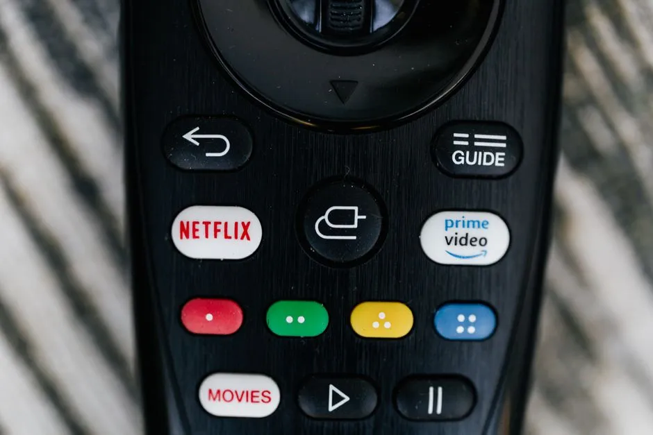 動画配信サービスのショートカットボタンが付いたテレビリモコンのクローズアップ