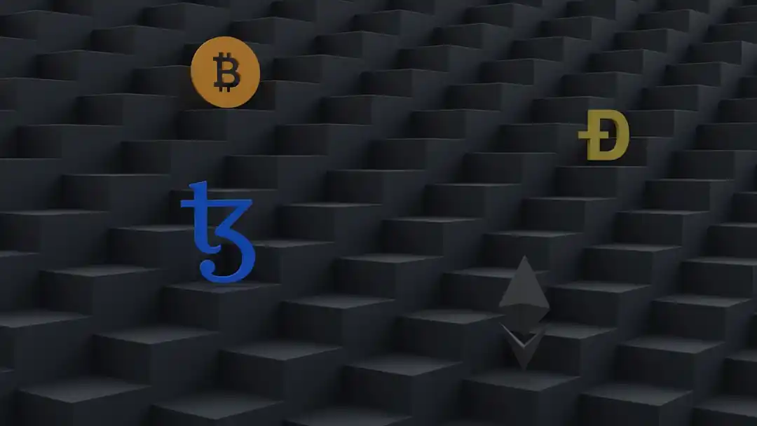 黒い背景に階段状に並べられた、テゾス、ビットコイン、イーサリアム、ドージコインの3Dイラスト。