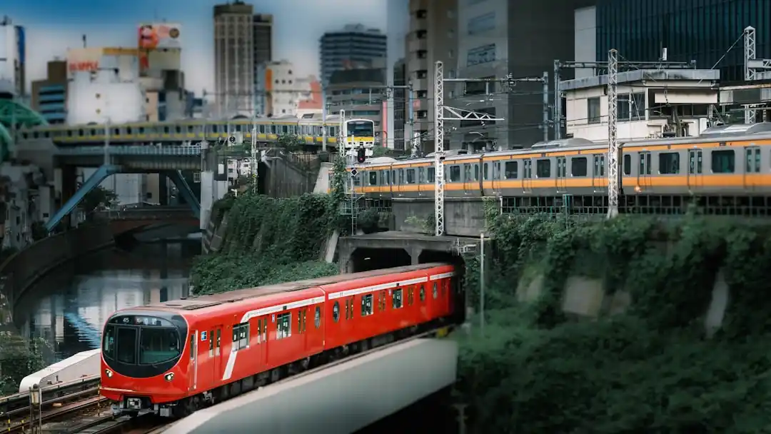 駅に停車している複数の電車と、ホームの様子。