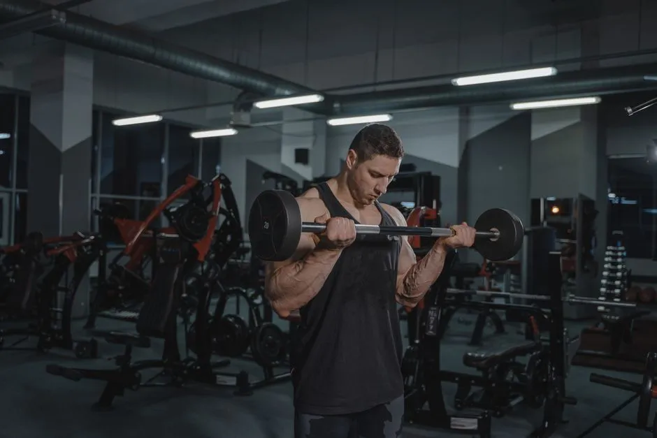 A muscular man lifting a barbell in a gym.
