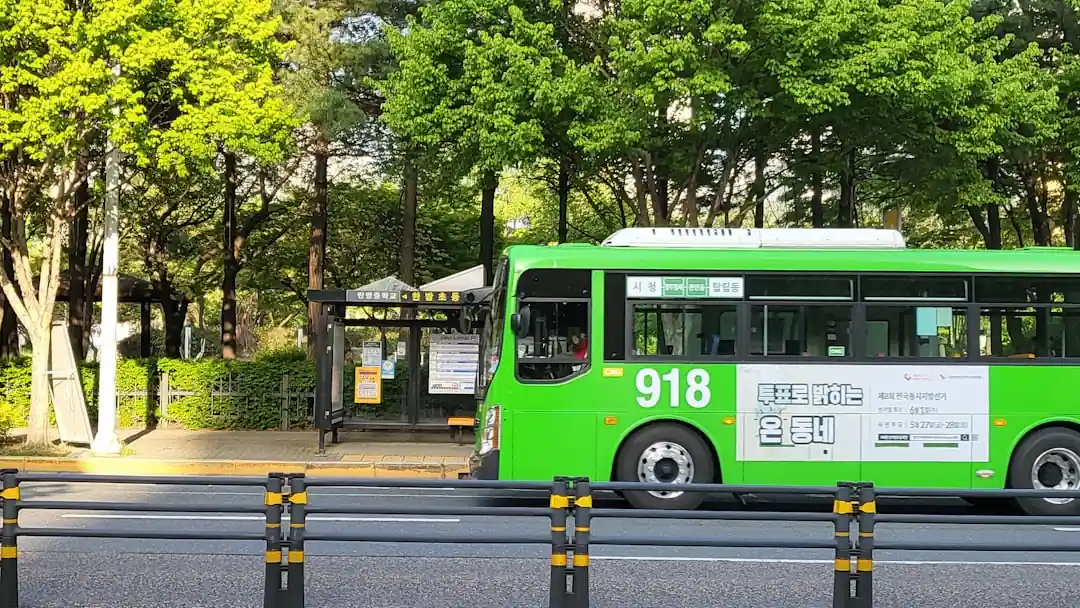 스마트폰 지도 앱을 보며 버스를 기다리는 모습
