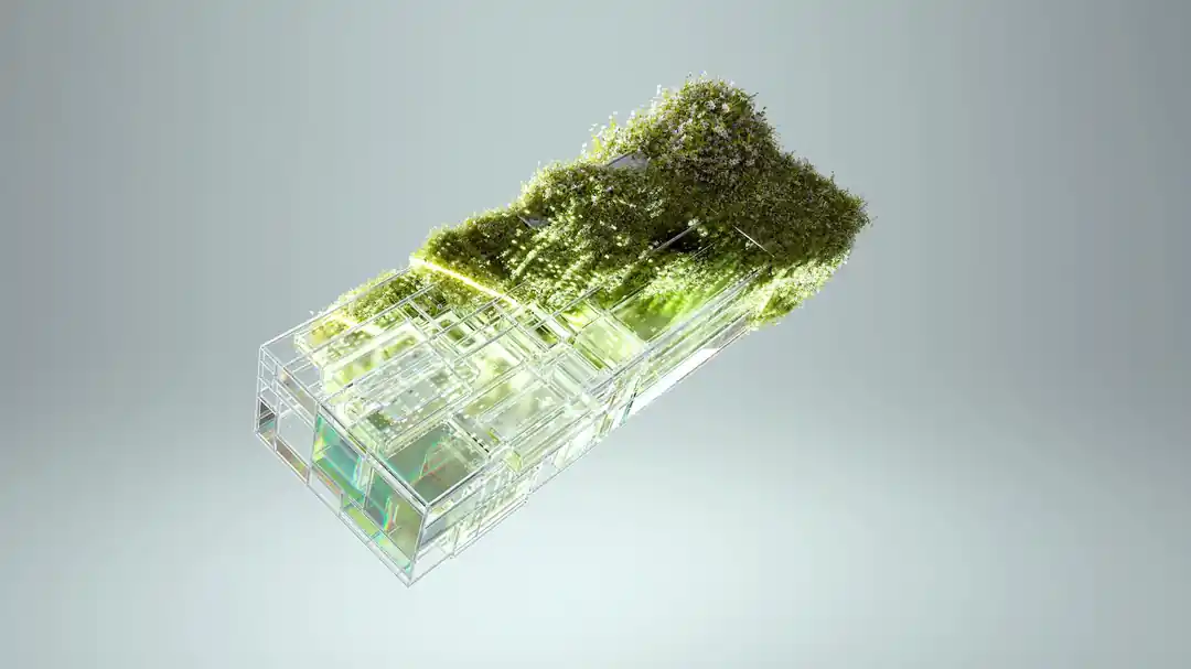 지속 가능한 기술 통합을 상징하는, 녹색 식물이 내장된 유리 구조물의 3D 렌더링