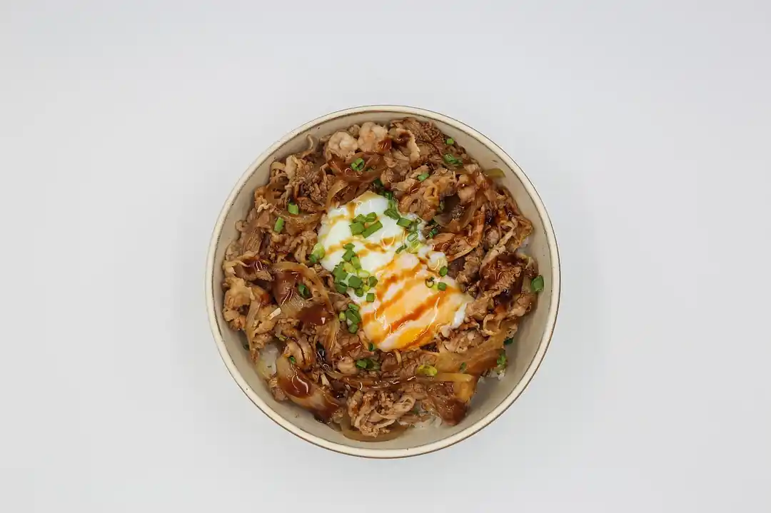 温泉卵が乗った美味しそうな牛丼