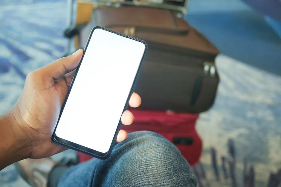 空港でスーツケースと共にスマートフォンを確認する人の手元