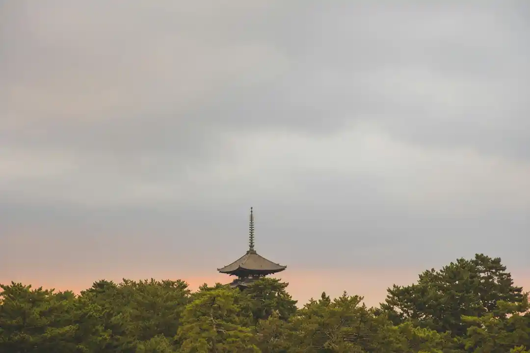 夕暮れ時の空を背景にした日本の伝統的な五重塔
