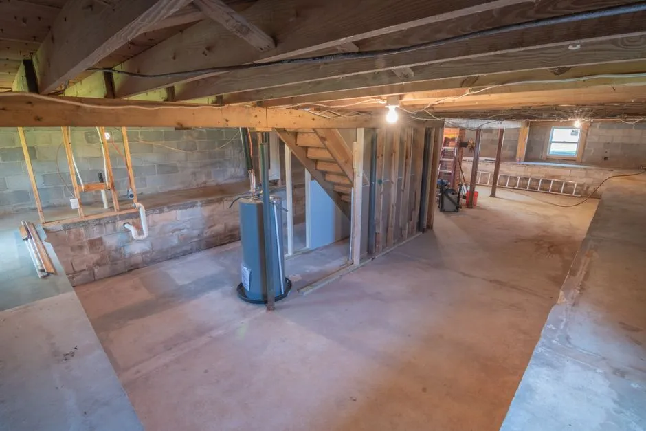 An unfinished basement with exposed beams and pipes.