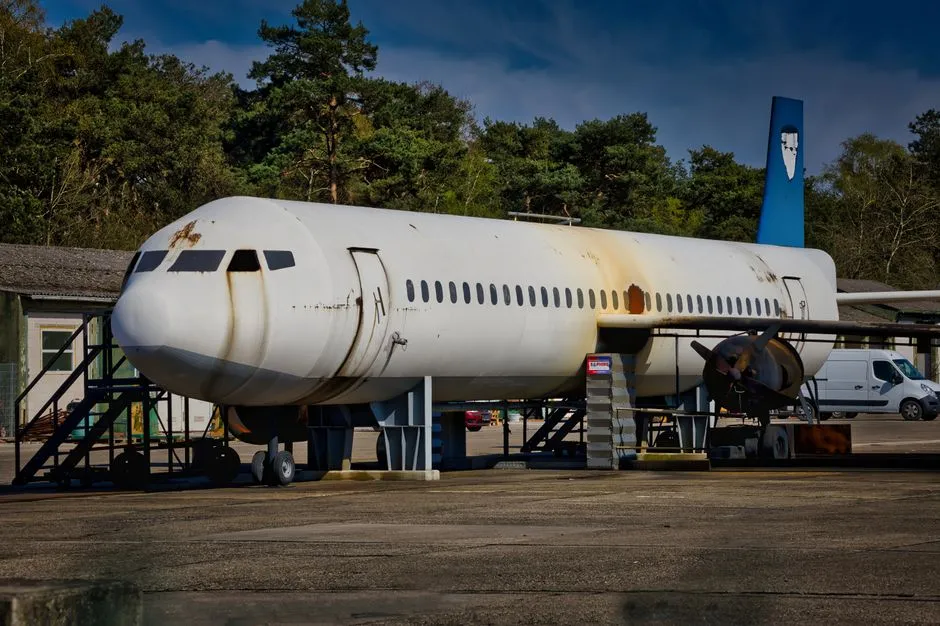 A rusty retired aircraft used for fire and rescue training exercises.