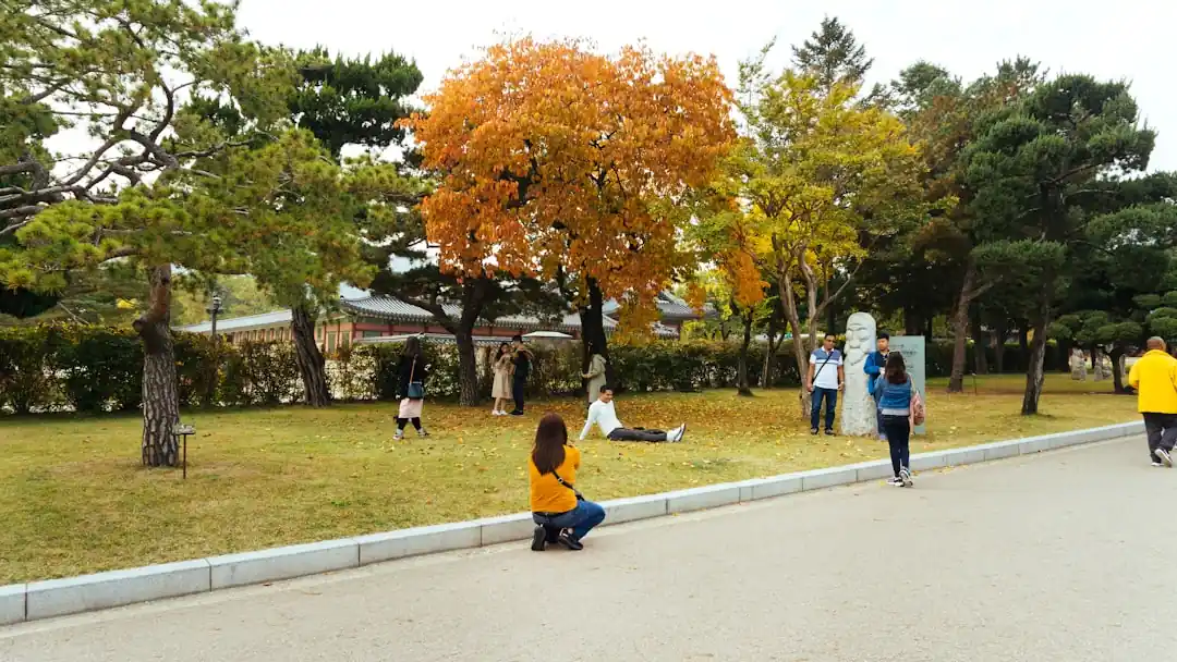 공원 벤치에 앉아 함께 사진을 찍고 있는 학생들