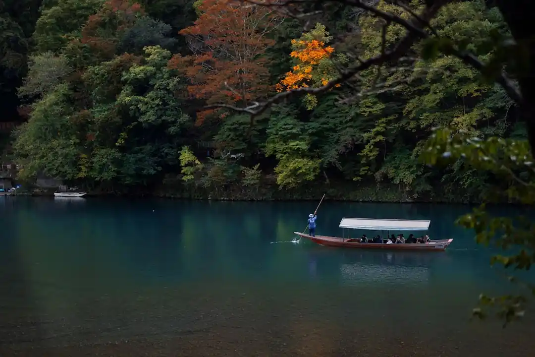 紅葉に染まる渓谷を、一艘の和船が静かに進んでいく様子。