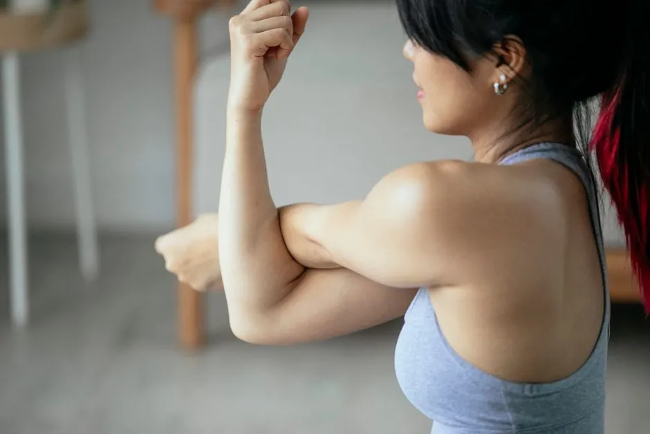 A woman performing a side arm stretching exercise.