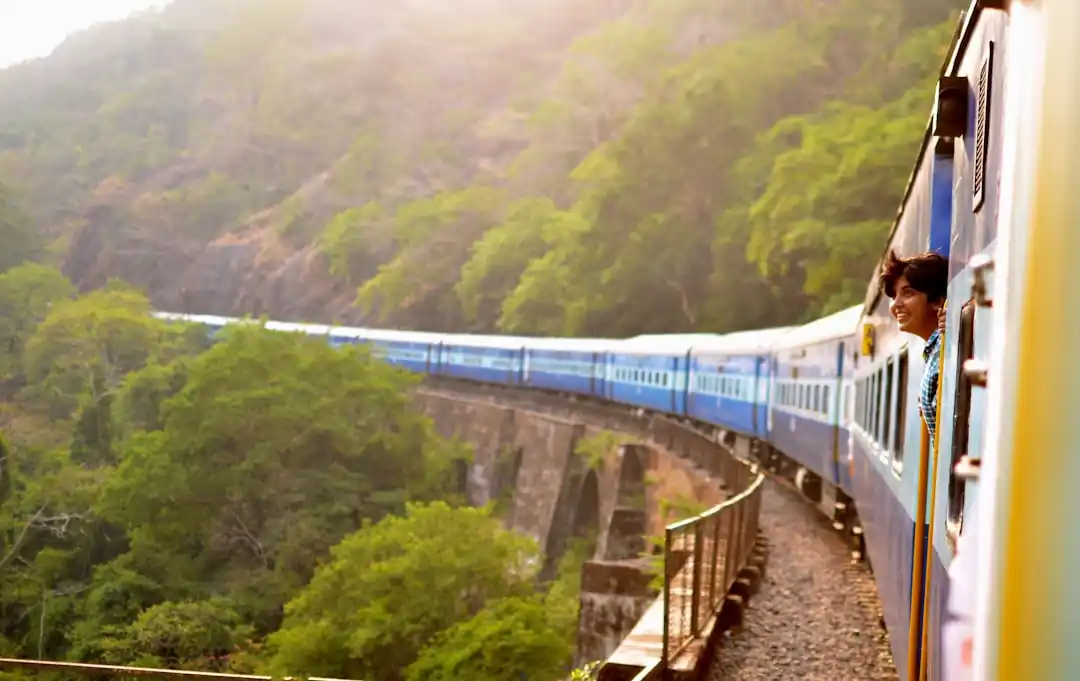 緑豊かな風景の中を走るインドの列車