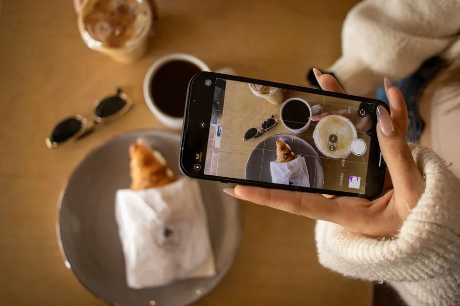 カフェでスマートフォンを使ってコーヒーとクロワッサンを撮影する女性