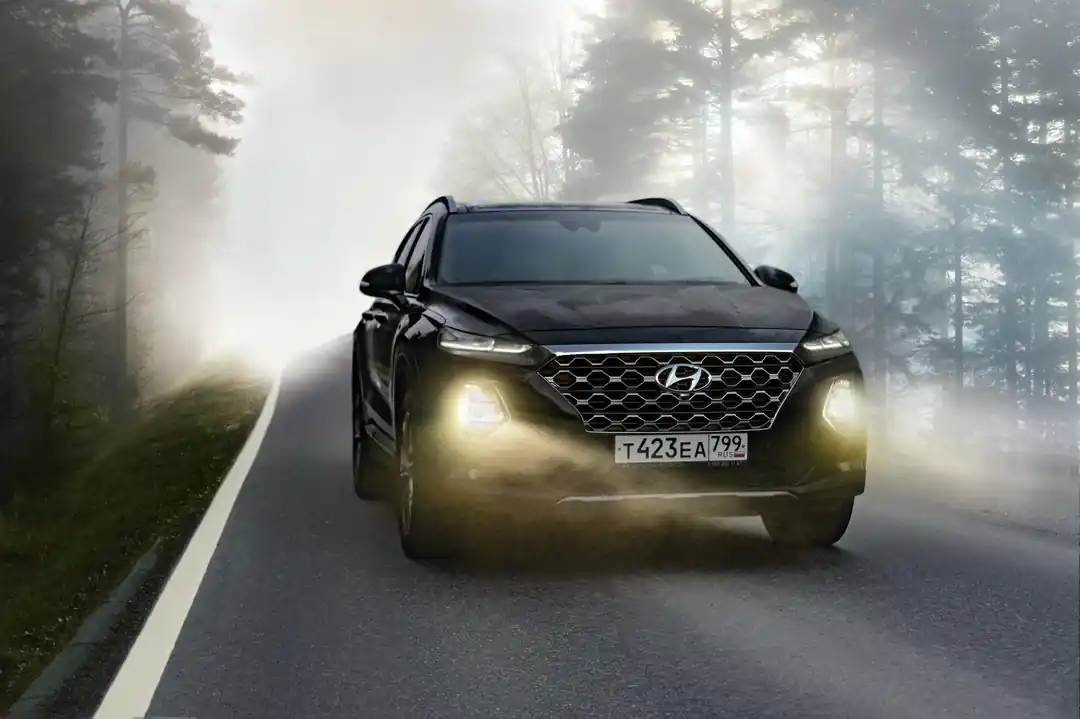 안개 낀 숲길을 헤드라이트를 켜고 달리는 검은색 SUV