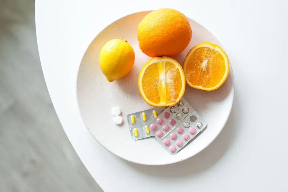 A plate of fresh citrus fruits and blister packs of pills.