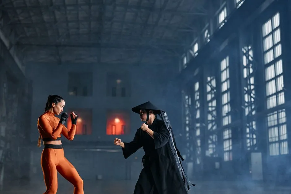 Two cosplayers in fighting poses inside an industrial building.