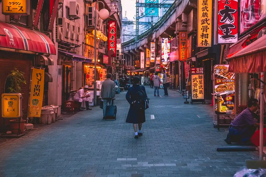 日本の商店街を歩く一人の女性の後ろ姿