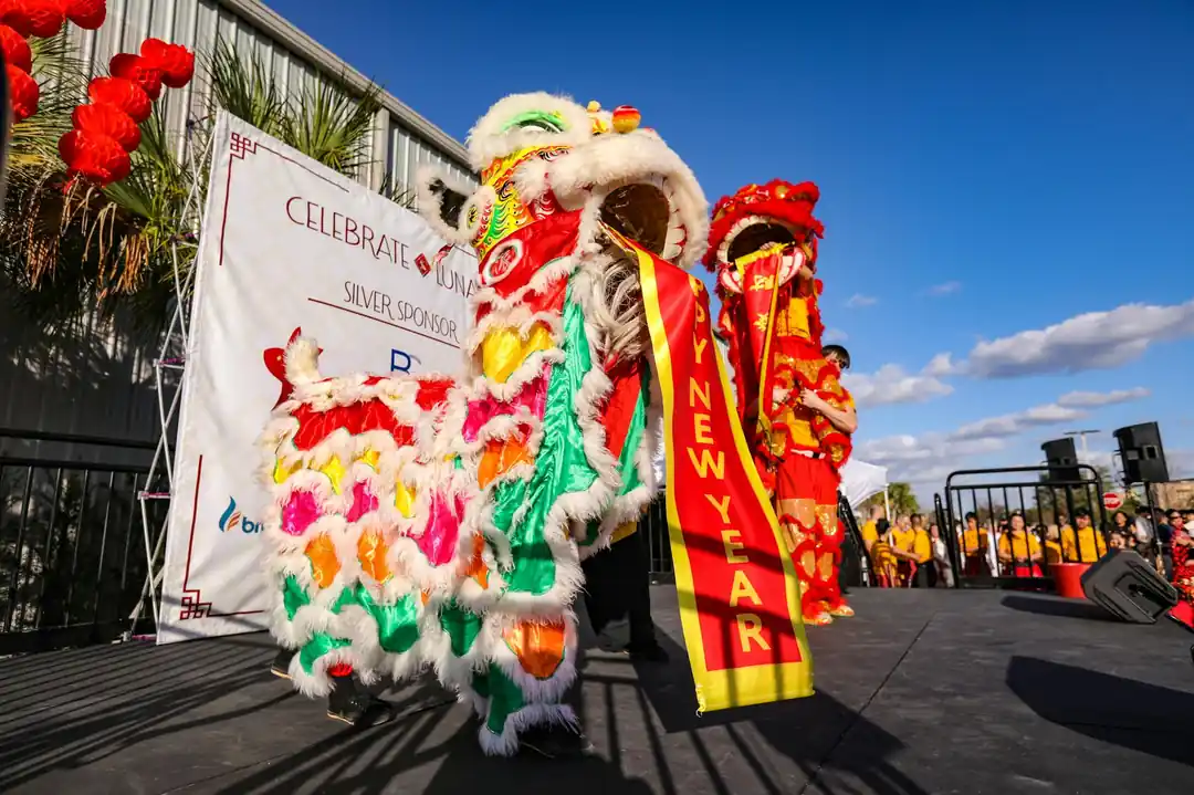 一群表演者正在戶外進行充滿活力的舞龍表演,場面十分熱鬧。