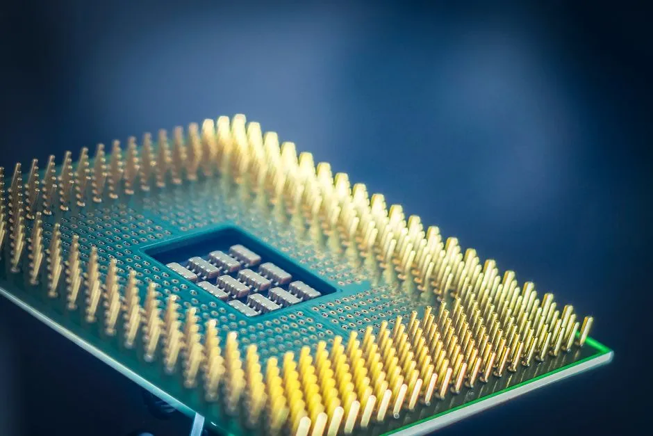 파란색 배경 위에 금색 핀이 달린 컴퓨터 CPU 칩의 고해상도 매크로 사진