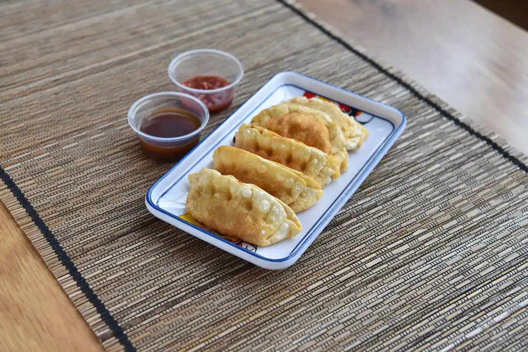 白い皿に盛られた焼き餃子と、数種類のタレが入った小皿