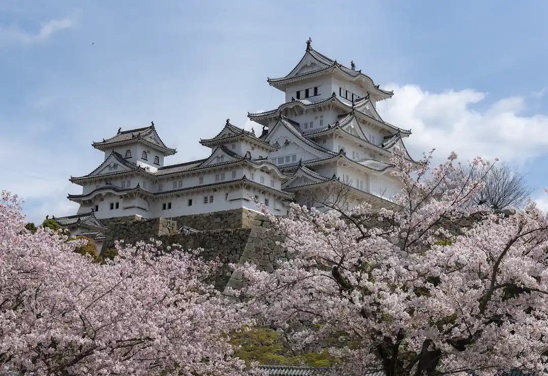 青空を背景にそびえ立つ白く美しい姫路城