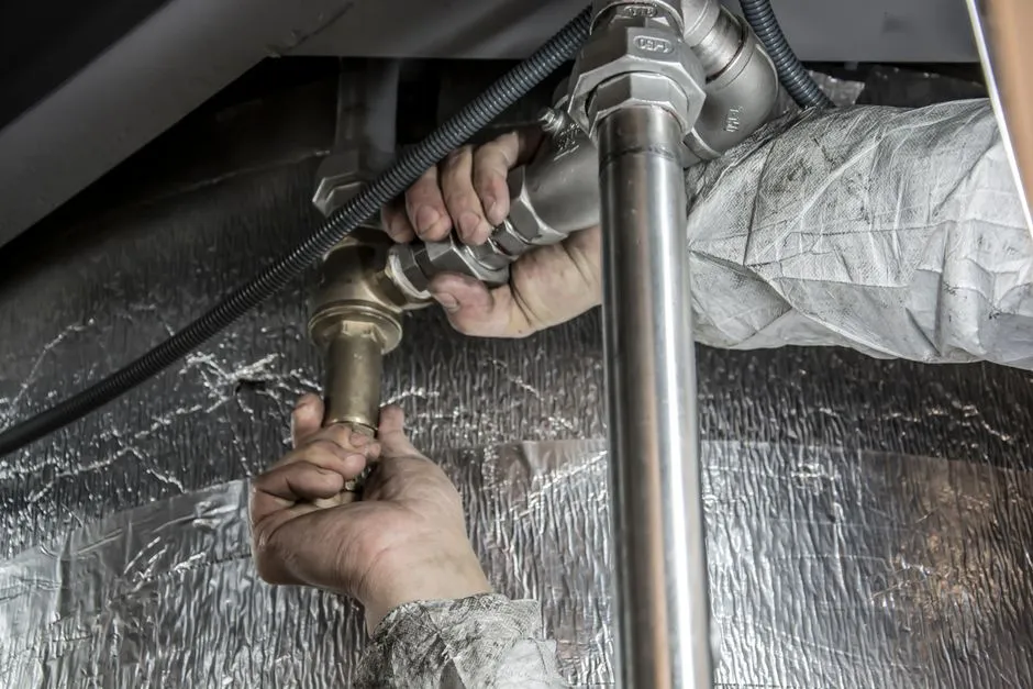 A close-up of a person's hands assembling metal plumbing pipes.