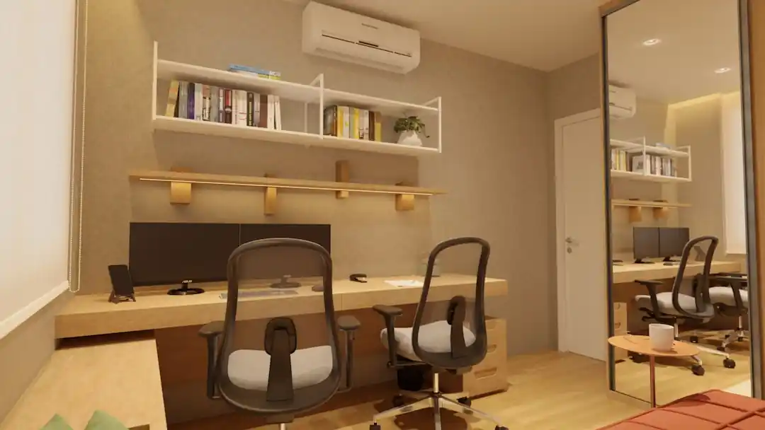 一個明亮的居家辦公角落,木質書桌上放著電腦,旁邊有舒適的椅子和綠色植物。