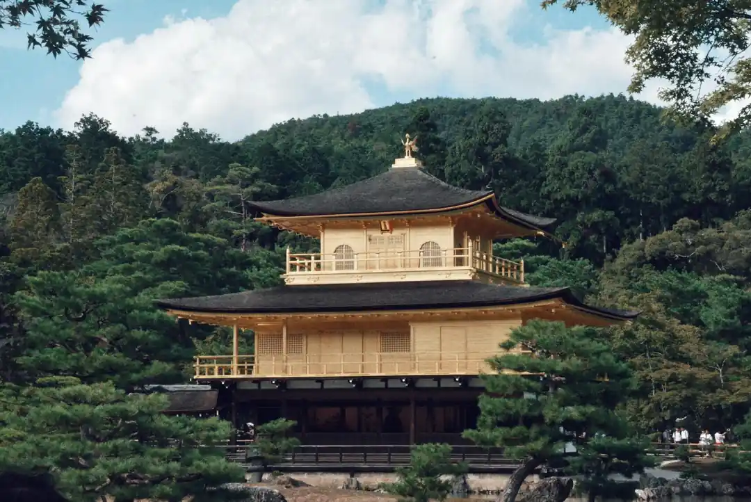 緑豊かな木々と澄んだ空に囲まれた、美しい金閣寺。